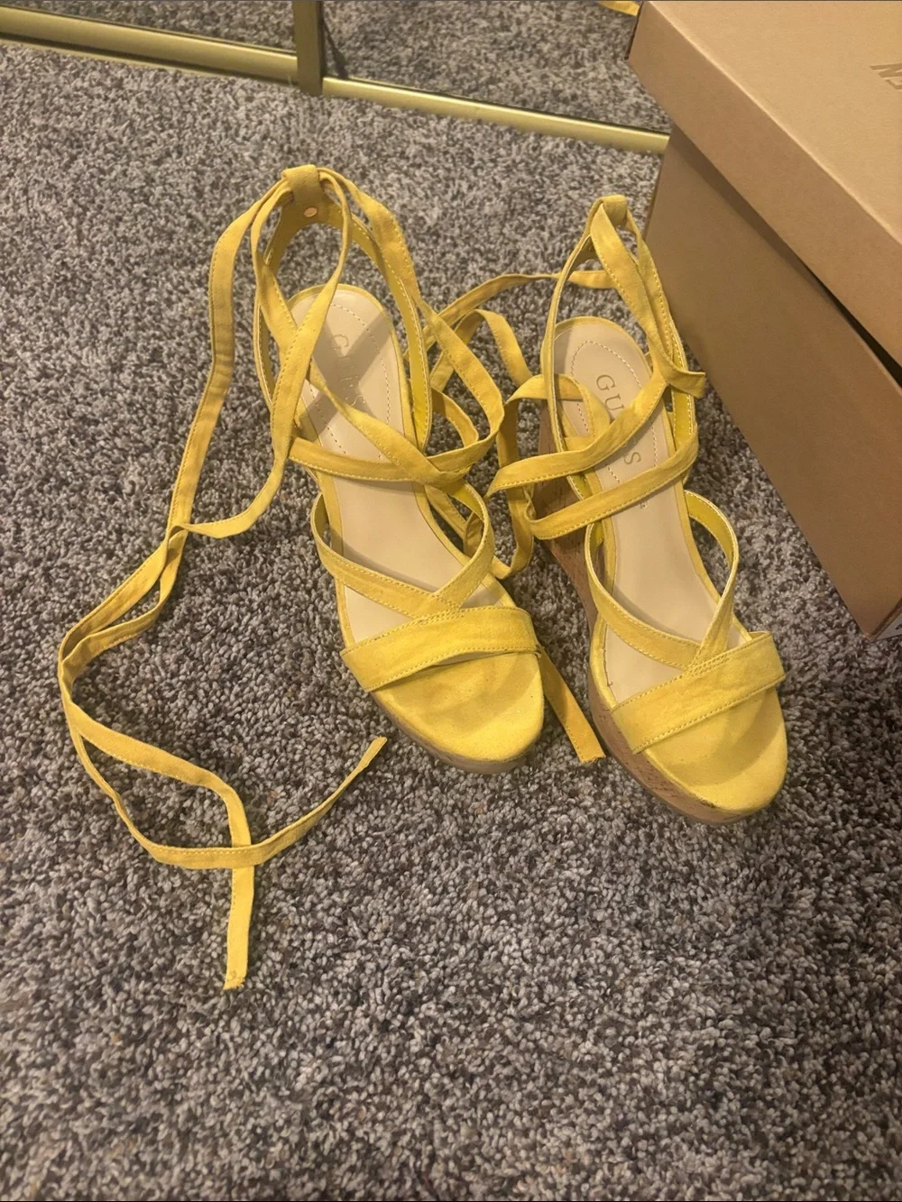 Guess Yellow Suede Lace-Up Platform Heels